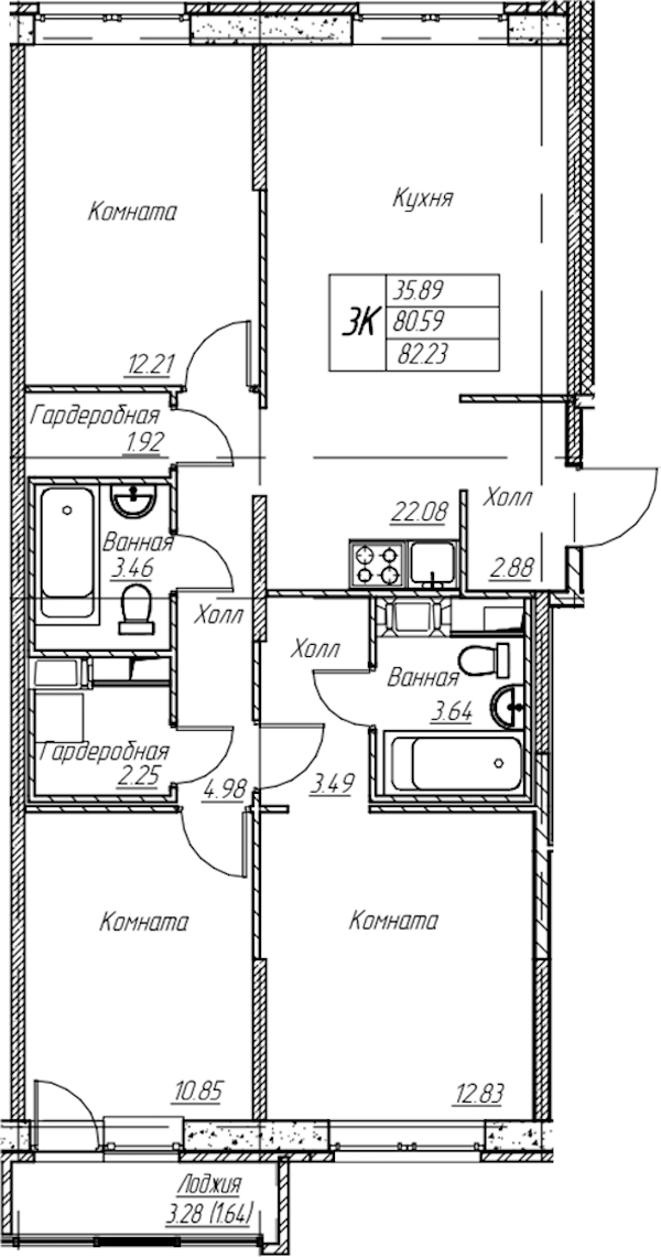 3-комнатная квартира 82.23 м², 17/22 эт., ЖК «Парк-квартал Юнтолово»